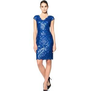 Tadashi Shoji Paillette Embroidered Lace V-Neck Cap Sleeve Cocktail Dress size 0